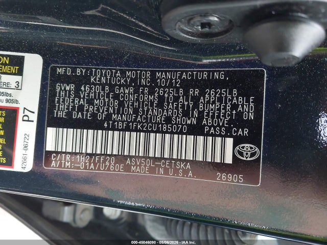 Aukcja sprzedaży 2012 Toyota Camry Se, vin: 4T1BF1FK2CU185070, numer aukcji: 45046090