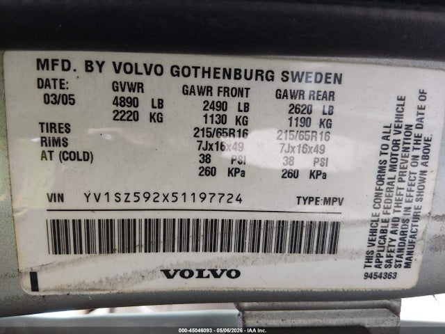 Aukcja sprzedaży 2005 Volvo Xc70 2.5t Awd, vin: YV1SZ592X51197724, numer aukcji: 45046093