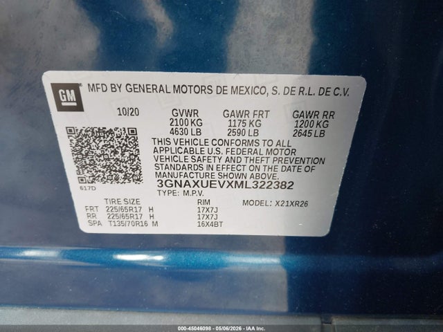 45046098 :رقم المزاد ، 3GNAXUEVXML322382 vin ، 2021 Chevrolet Equinox Awd Lt مزاد بيع
