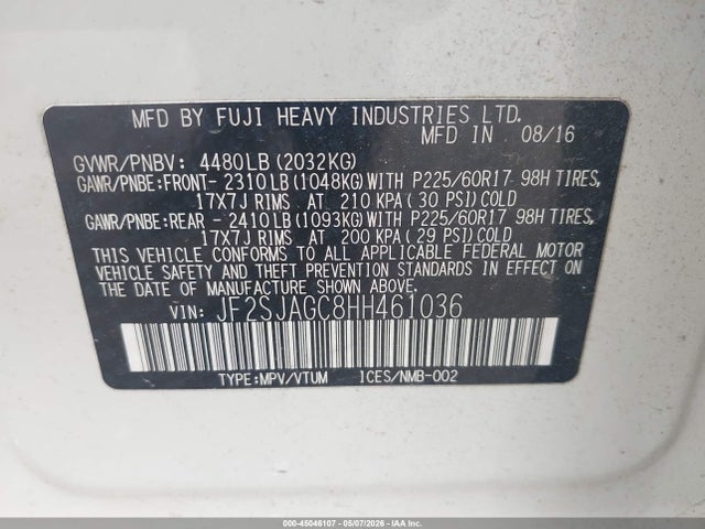 Продажа на аукционе авто 2017 Subaru Forester 2.5i Premium, vin: JF2SJAGC8HH461036, номер лота: 45046107