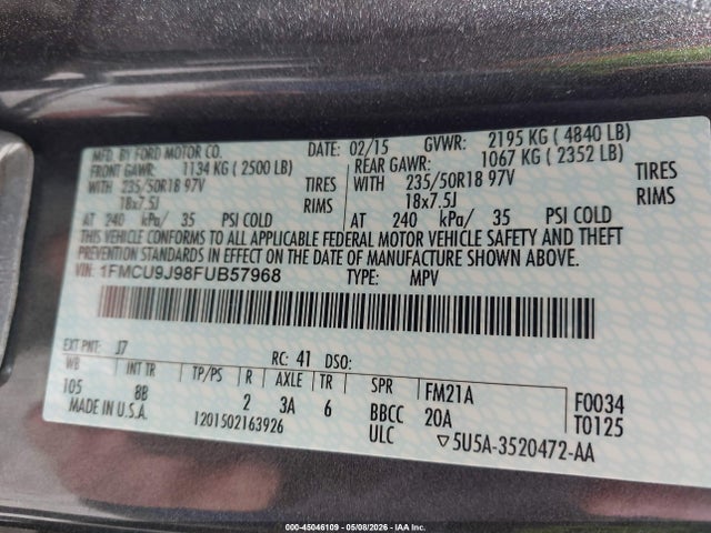 Продажа на аукционе авто 2015 Ford Escape Titanium, vin: 1FMCU9J98FUB57968, номер лота: 45046109