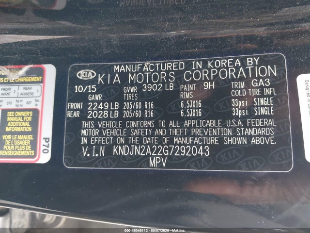 45046112 :رقم المزاد ، KNDJN2A22G7292043 vin ، 2016 Kia Soul مزاد بيع