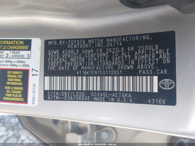 Toyota AVALON XLE 2014 4T1BK1EB7EU112051 Image 9