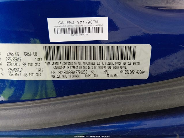 Продажа на аукционе авто 2019 Dodge Grand Caravan Se, vin: 2C4RDGBG6KR701259, номер лота: 45046124