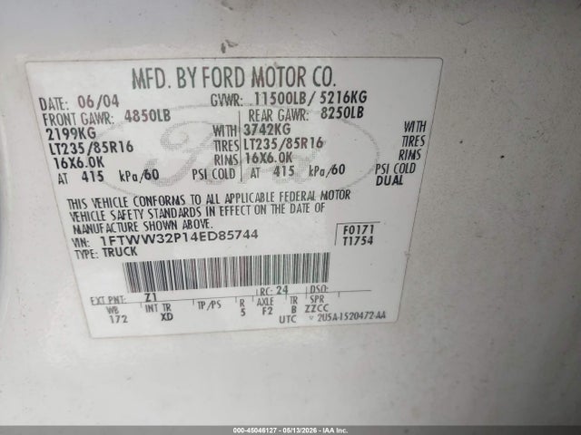 45046127 :رقم المزاد ، 1FTWW32P14ED85744 vin ، 2004 Ford F-350 Lariat/xl/xlt مزاد بيع