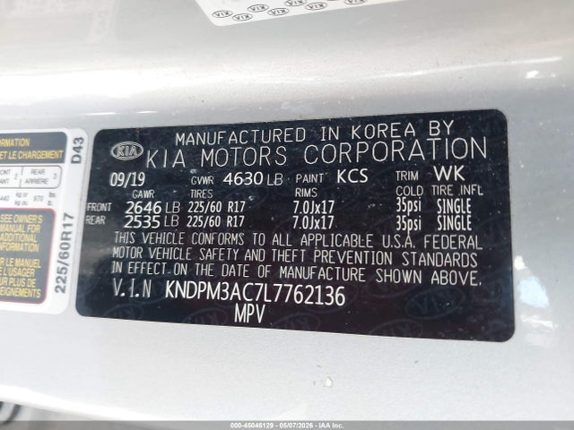 2020 Kia Sportage Lx მანქანა იყიდება აუქციონზე, vin: KNDPM3AC7L7762136, აუქციონის ნომერი: 45046129