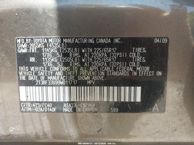 Aukcja sprzedaży 2009 Toyota Rav4, vin: 2T3BF33V99W011717, numer aukcji: 45046131