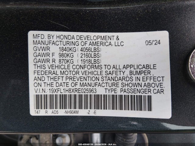 Продаж на аукціоні авто 2024 Honda Civic Sport Touring, vin: 19XFL1H8XRE025963, номер лоту: 45046139