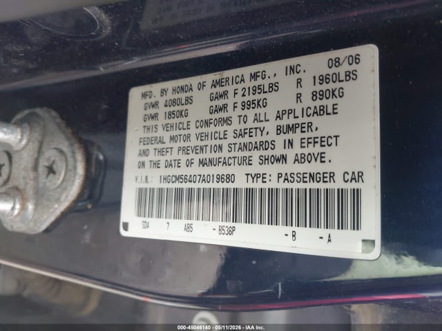 Aukcja sprzedaży 2007 Honda Accord 2.4 Lx, vin: 1HGCM56407A019680, numer aukcji: 45046140