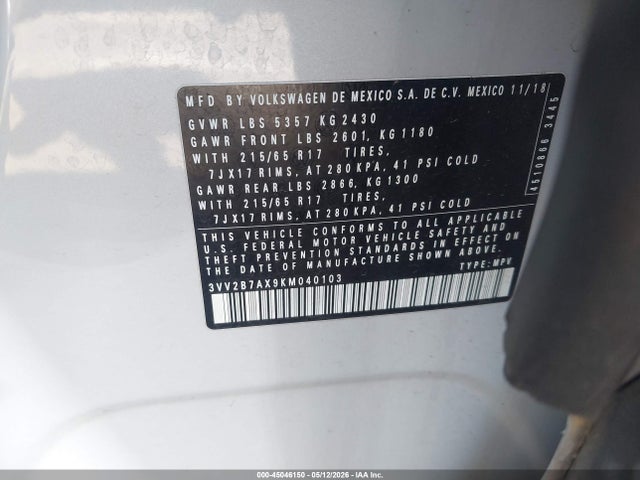 Продажа на аукционе авто 2019 Volkswagen Tiguan 2.0t Se/2.0t Sel/2.0t Sel R-line/2.0t Sel R-line Black, vin: 3VV2B7AX9KM040103, номер лота: 45046150