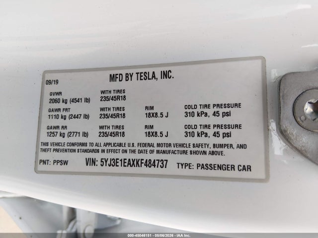 Tesla Model 3 Long Range/mid Range/standard Range/standard Range Plus 2019 5YJ3E1EAXKF484737 Image 9