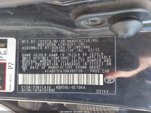 2013 Toyota Camry Xle მანქანა იყიდება აუქციონზე, vin: 4T4BF1FK1DR302726, აუქციონის ნომერი: 45046153