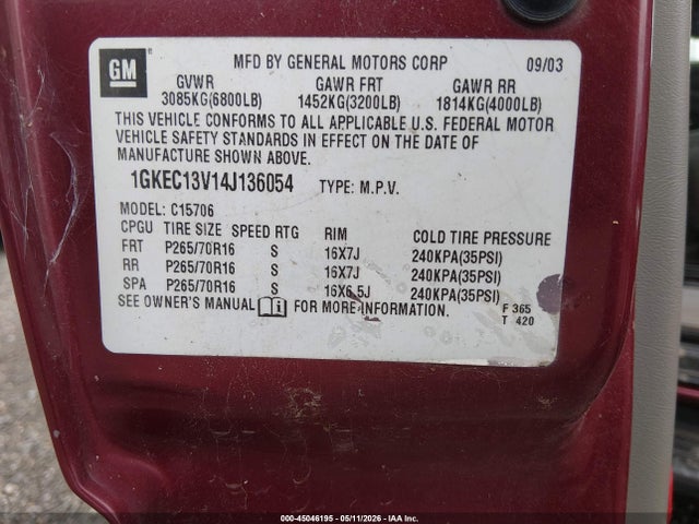 Aukcja sprzedaży 2004 Gmc Yukon Slt, vin: 1GKEC13V14J136054, numer aukcji: 45046195