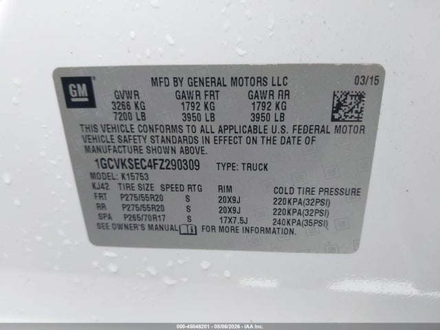 2015 Chevrolet Silverado 1500 1lz მანქანა იყიდება აუქციონზე, vin: 1GCVKSEC4FZ290309, აუქციონის ნომერი: 45046201