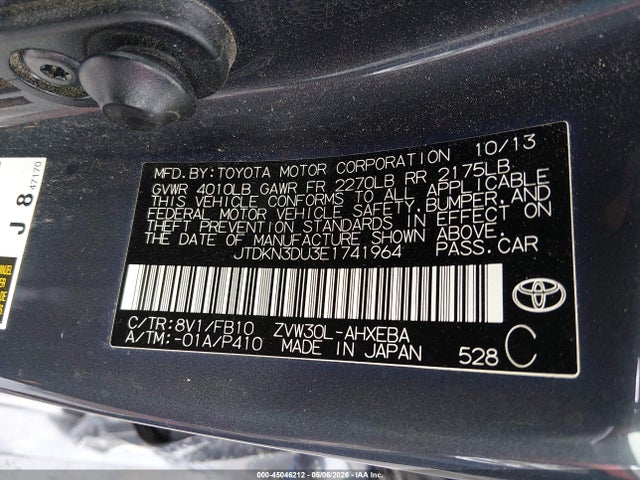 Aukcja sprzedaży 2014 Toyota Prius Two, vin: JTDKN3DU3E1741964, numer aukcji: 45046212
