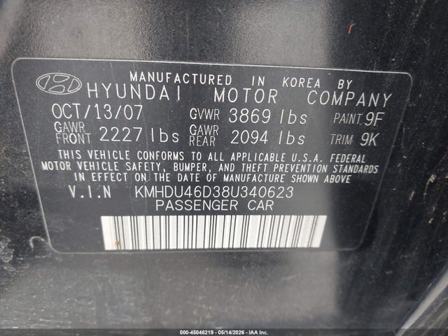Aukcja sprzedaży 2008 Hyundai Elantra Gls/se, vin: KMHDU46D38U340623, numer aukcji: 45046219