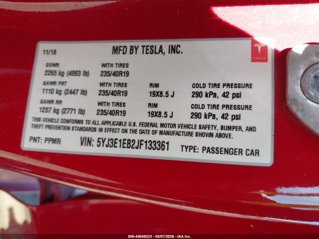 Aukcja sprzedaży 2018 Tesla Model 3 Long Range/performance, vin: 5YJ3E1EB2JF133361, numer aukcji: 45046223