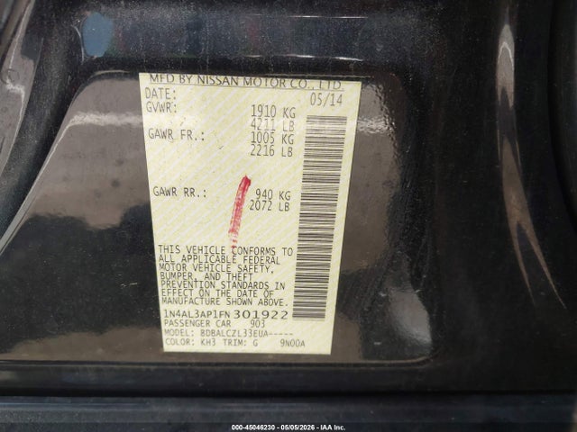 45046230 :رقم المزاد ، 1N4AL3AP1FN301922 vin ، 2015 Nissan Altima 2.5/2.5 S/2.5 Sl/2.5 Sv مزاد بيع