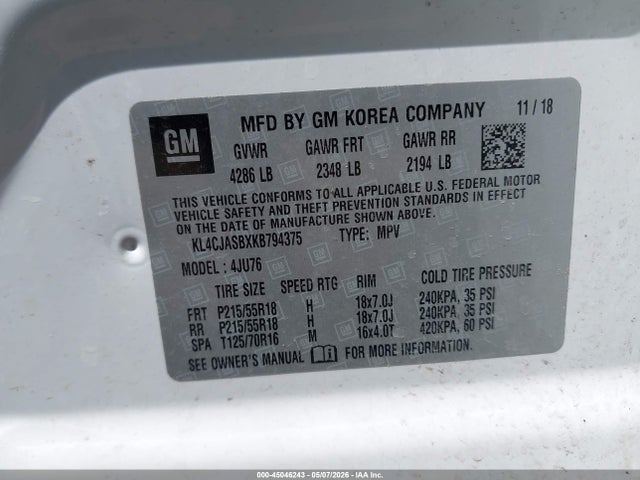 45046243 :رقم المزاد ، KL4CJASBXKB794375 vin ، 2019 Buick Encore Fwd Preferred مزاد بيع