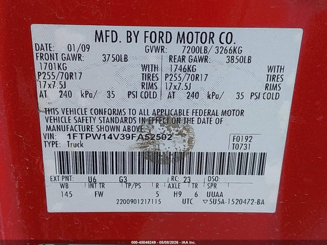Продажа на аукционе авто 2009 Ford F-150 Fx4/king Ranch/lariat/platinum/xl/xlt, vin: 1FTPW14V39FA52502, номер лота: 45046249