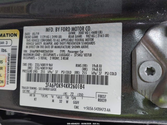 45046253 :رقم المزاد ، 3FA6P0K94KR260184 vin ، 2019 Ford Fusion Titanium مزاد بيع