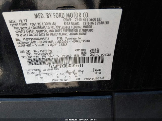 Продажа на аукционе авто 2018 Ford Taurus Sho, vin: 1FAHP2KT0JG105511, номер лота: 45046259