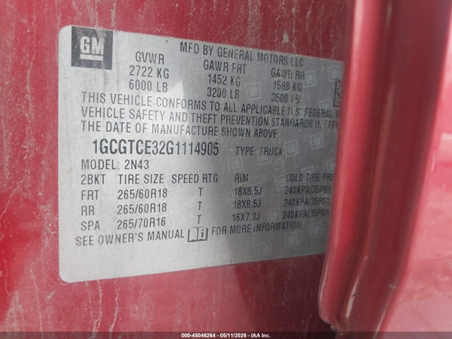 45046264 :رقم المزاد ، 1GCGTCE32G1114905 vin ، 2016 Chevrolet Colorado Lt مزاد بيع