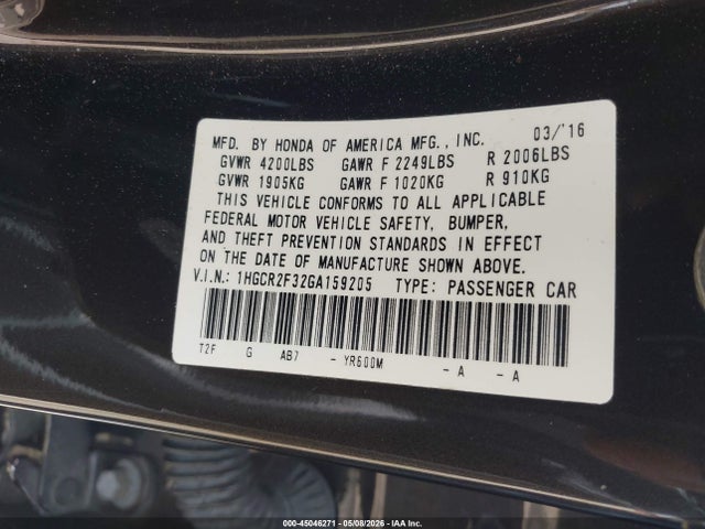 Aukcja sprzedaży 2016 Honda Accord Lx, vin: 1HGCR2F32GA159205, numer aukcji: 45046271