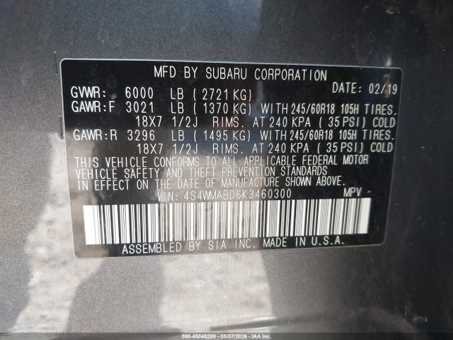 2019 Subaru Ascent Premium მანქანა იყიდება აუქციონზე, vin: 4S4WMABD6K3460300, აუქციონის ნომერი: 45046280