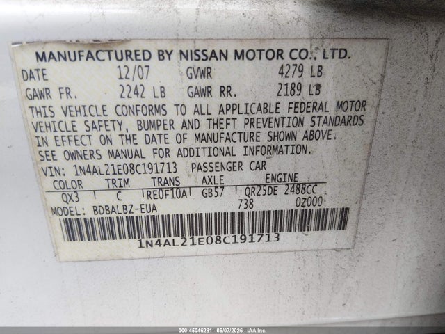 Aukcja sprzedaży 2008 Nissan Altima 2.5 S, vin: 1N4AL21E08C191713, numer aukcji: 45046281