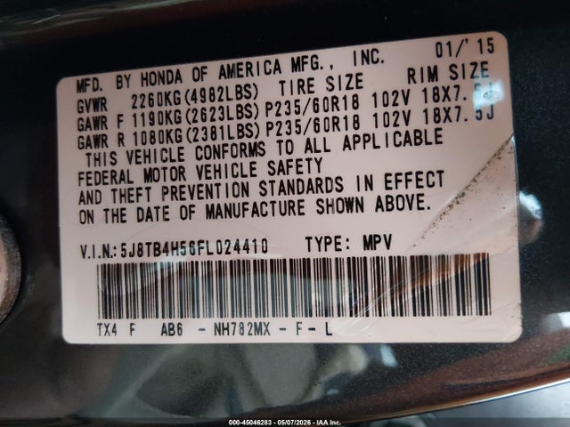 45046283 :رقم المزاد ، 5J8TB4H56FL024410 vin ، 2015 Acura Rdx مزاد بيع