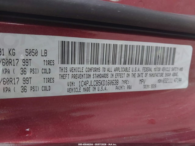 45046284 :رقم المزاد ، 1C4PJLCB5KD160638 vin ، 2019 Jeep Cherokee Latitude Fwd مزاد بيع