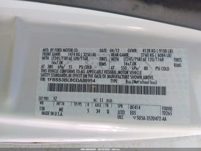 Продаж на аукціоні авто 2012 Ford E-350 Super Duty Xlt, vin: 1FBSS3BL6CDA88954, номер лоту: 45046286