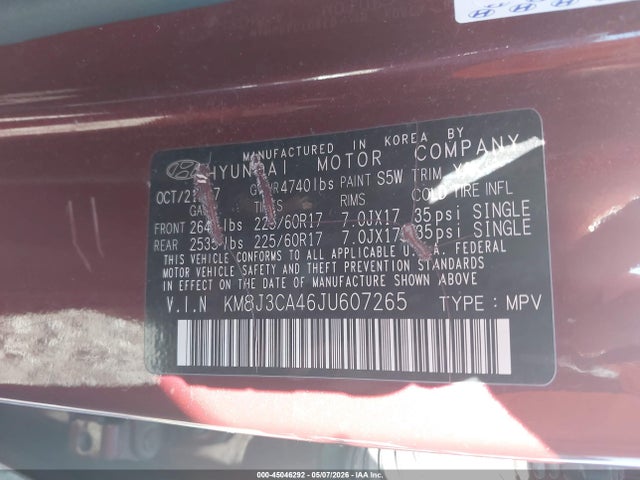 2018 Hyundai Tucson Sel მანქანა იყიდება აუქციონზე, vin: KM8J3CA46JU607265, აუქციონის ნომერი: 45046292