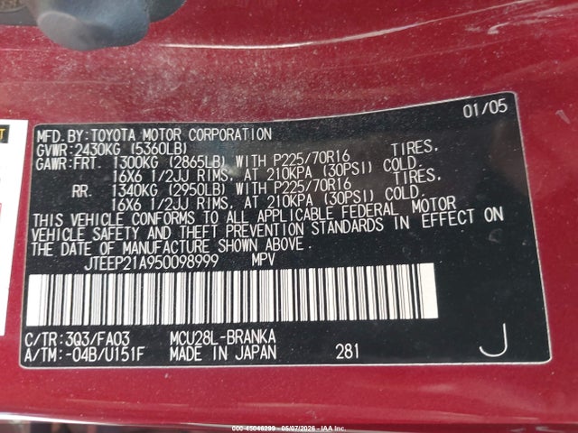 45046299 :رقم المزاد ، JTEEP21A950098999 vin ، 2005 Toyota Highlander V6 مزاد بيع