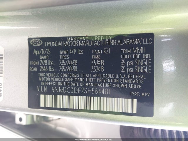 Продаж на аукціоні авто 2025 Hyundai Tucson Sel Convenience, vin: 5NMJC3DE2SH564481, номер лоту: 45046316