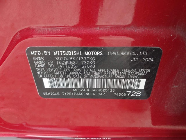Aukcja sprzedaży 2024 Mitsubishi Mirage Es/le, vin: ML32AUHJ4RH020425, numer aukcji: 45046320