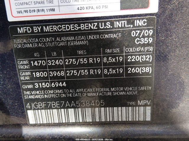 Aukcja sprzedaży 2010 Mercedes-benz Gl 450 4matic, vin: 4JGBF7BE7AA538405, numer aukcji: 45046323
