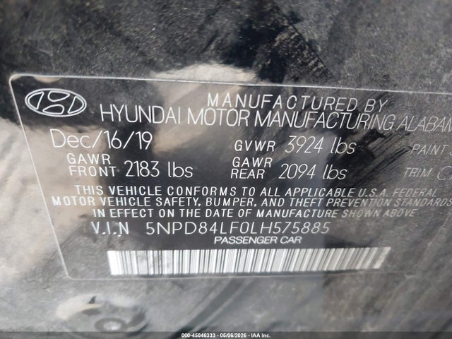 Aukcja sprzedaży 2020 Hyundai Elantra Sel, vin: 5NPD84LF0LH575885, numer aukcji: 45046333