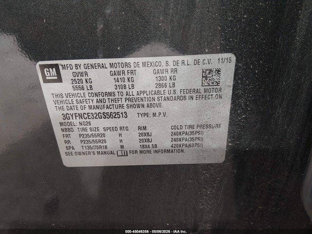 45046356 :رقم المزاد ، 3GYFNCE32GS562513 vin ، 2016 Cadillac Srx Performance Collection مزاد بيع