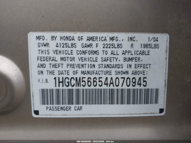 Aukcja sprzedaży 2004 Honda Accord 2.4 Ex, vin: 1HGCM56654A070945, numer aukcji: 45046362