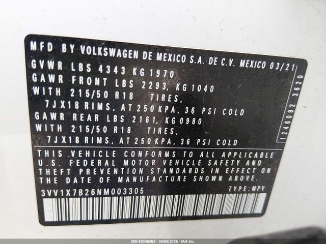 45046363 :رقم المزاد ، 3VV1X7B26NM003305 vin ، 2022 Volkswagen Taos 1.5t Sel مزاد بيع