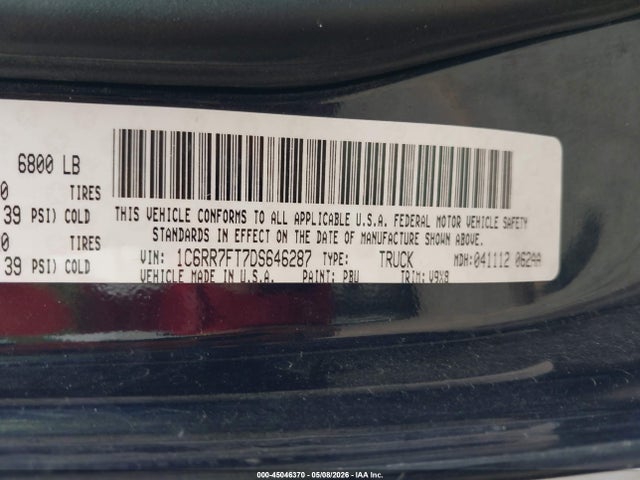 2013 Ram 1500 Express მანქანა იყიდება აუქციონზე, vin: 1C6RR7FT7DS646287, აუქციონის ნომერი: 45046370