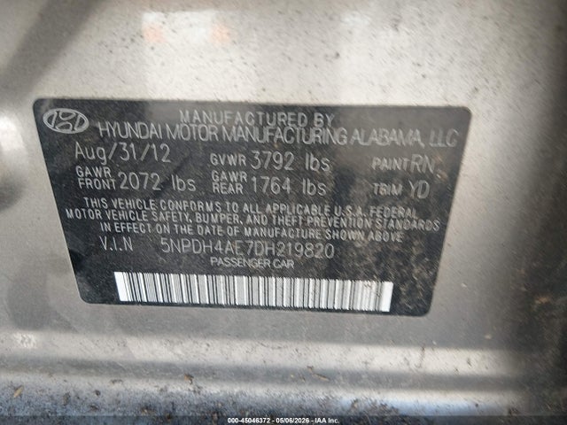 Продажа на аукционе авто 2013 Hyundai Elantra Limited, vin: 5NPDH4AE7DH219820, номер лота: 45046372