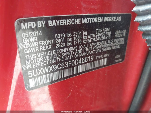 45046378 :رقم المزاد ، 5UXWX9C53F0D46619 vin ، 2015 Bmw X3 Xdrive28i مزاد بيع