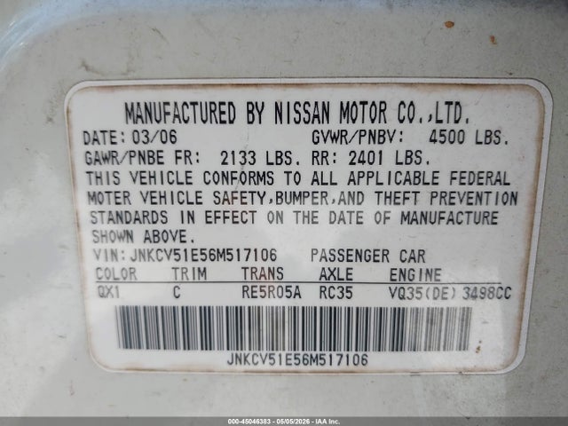 Продажа на аукционе авто 2006 Infiniti G35, vin: JNKCV51E56M517106, номер лота: 45046383