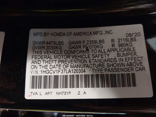Продажа на аукционе авто 2020 Honda Accord Sport, vin: 1HGCV1F37LA120304, номер лота: 45046387