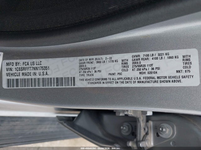 Продаж на аукціоні авто 2022 Ram 1500 Big Horn  4x4 5'7 Box, vin: 1C6SRFFT7NN175351, номер лоту: 45046394