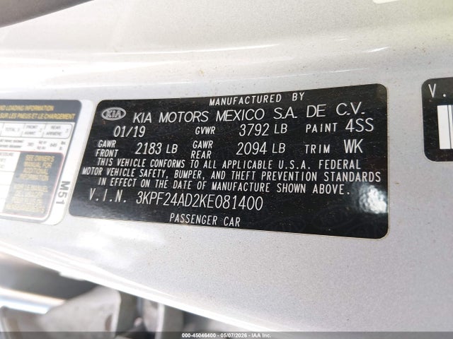 Aukcja sprzedaży 2019 Kia Forte Lxs, vin: 3KPF24AD2KE081400, numer aukcji: 45046400