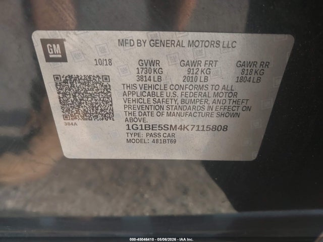 Aukcja sprzedaży 2019 Chevrolet Cruze Lt, vin: 1G1BE5SM4K7115808, numer aukcji: 45046410